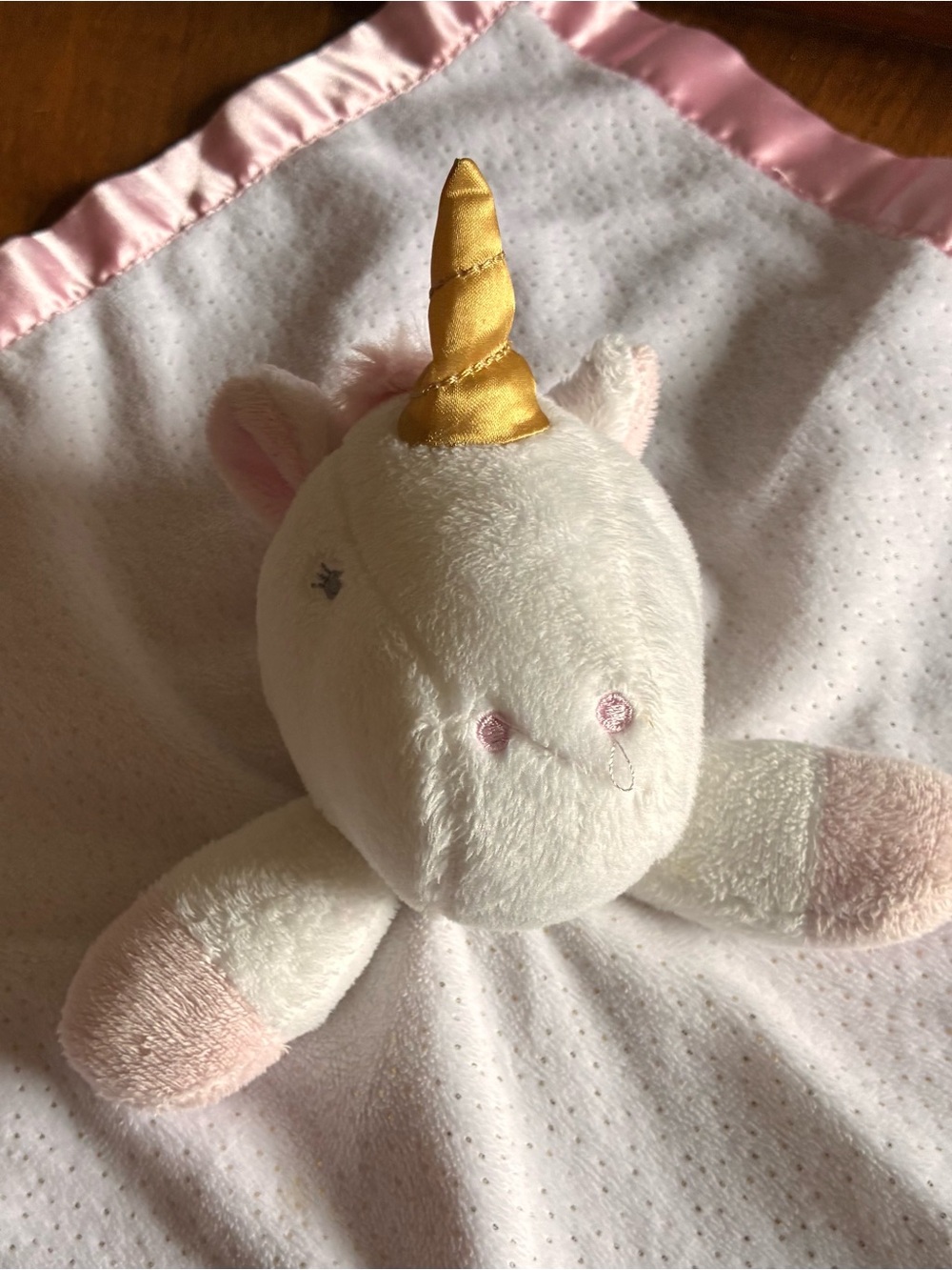 Cloud Island Unicorn Baby Lovey  - Security Blanket -White Pink Silky Trim